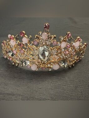 Gold Colour Metal Tiara Hair Crown with Pink and Clear Stones